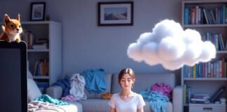 Find Inner Calm with These Everyday Mindfulness Practices a half-folded pile of yesterday’s laundry spilling onto the couch, a cracked phone screen showing a 3-minute breathing timer,