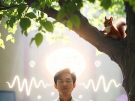 How Meditation Improves Focus and Brain Power a person sitting cross-legged in mid-meditation with faint glowing neural pathways visibly pulsing from their head,