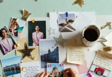 Vision Board Ideas That Work (Psychology‑Backed Methods) a cluttered corkboard half-covered in torn magazine scraps of tropical beaches and luxury cars, one lonely sticky note that reads