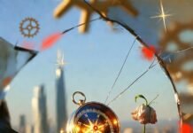 Mindset Shifts That Transform Vision into Reality a cracked antique pocket compass hovering above a shattered mirror reflecting a faint, glowing New York City skyline at dusk,