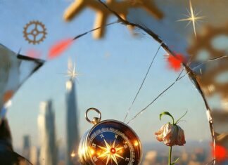Mindset Shifts That Transform Vision into Reality a cracked antique pocket compass hovering above a shattered mirror reflecting a faint, glowing New York City skyline at dusk,