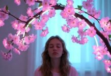 Zen Habits That Will Instantly Reduce Your Stress a slightly disheveled person in sweatpants sitting cross-legged on a messy bedroom floor surrounded by half-empty coffee mugs