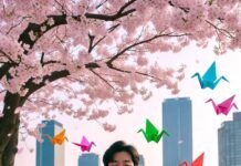 How to Practice Zen Living Through Mindfulness Every Day? a person meditating under a cherry blossom tree with a modern city skyline in the background, a cup of matcha tea on a wooden table.