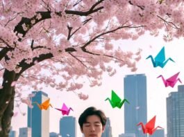 How to Practice Zen Living Through Mindfulness Every Day? a person meditating under a cherry blossom tree with a modern city skyline in the background, a cup of matcha tea on a wooden table.