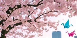How to Practice Zen Living Through Mindfulness Every Day? a person meditating under a cherry blossom tree with a modern city skyline in the background, a cup of matcha tea on a wooden table.