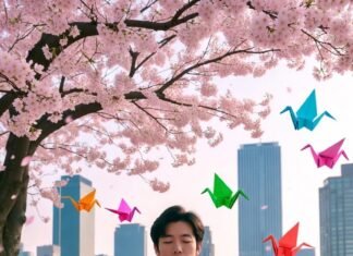How to Practice Zen Living Through Mindfulness Every Day? a person meditating under a cherry blossom tree with a modern city skyline in the background, a cup of matcha tea on a wooden table.