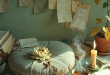 The Ultimate Guide to Inner Peace Through Daily Meditation a slightly worn meditation cushion with a single wilting lotus flower, a cracked ceramic tea cup with steam rising,