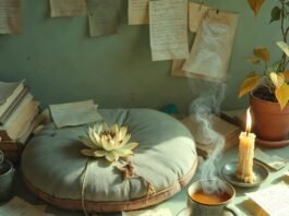 The Ultimate Guide to Inner Peace Through Daily Meditation a slightly worn meditation cushion with a single wilting lotus flower, a cracked ceramic tea cup with steam rising,