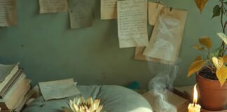 The Ultimate Guide to Inner Peace Through Daily Meditation a slightly worn meditation cushion with a single wilting lotus flower, a cracked ceramic tea cup with steam rising,