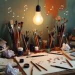 10 Creative Flow Exercises Artists Swear By a half-finished canvas dripping paint onto a keyboard, floating musical notes made of watercolor bleeding into coffee rings,