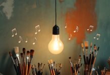 10 Creative Flow Exercises Artists Swear By a half-finished canvas dripping paint onto a keyboard, floating musical notes made of watercolor bleeding into coffee rings,