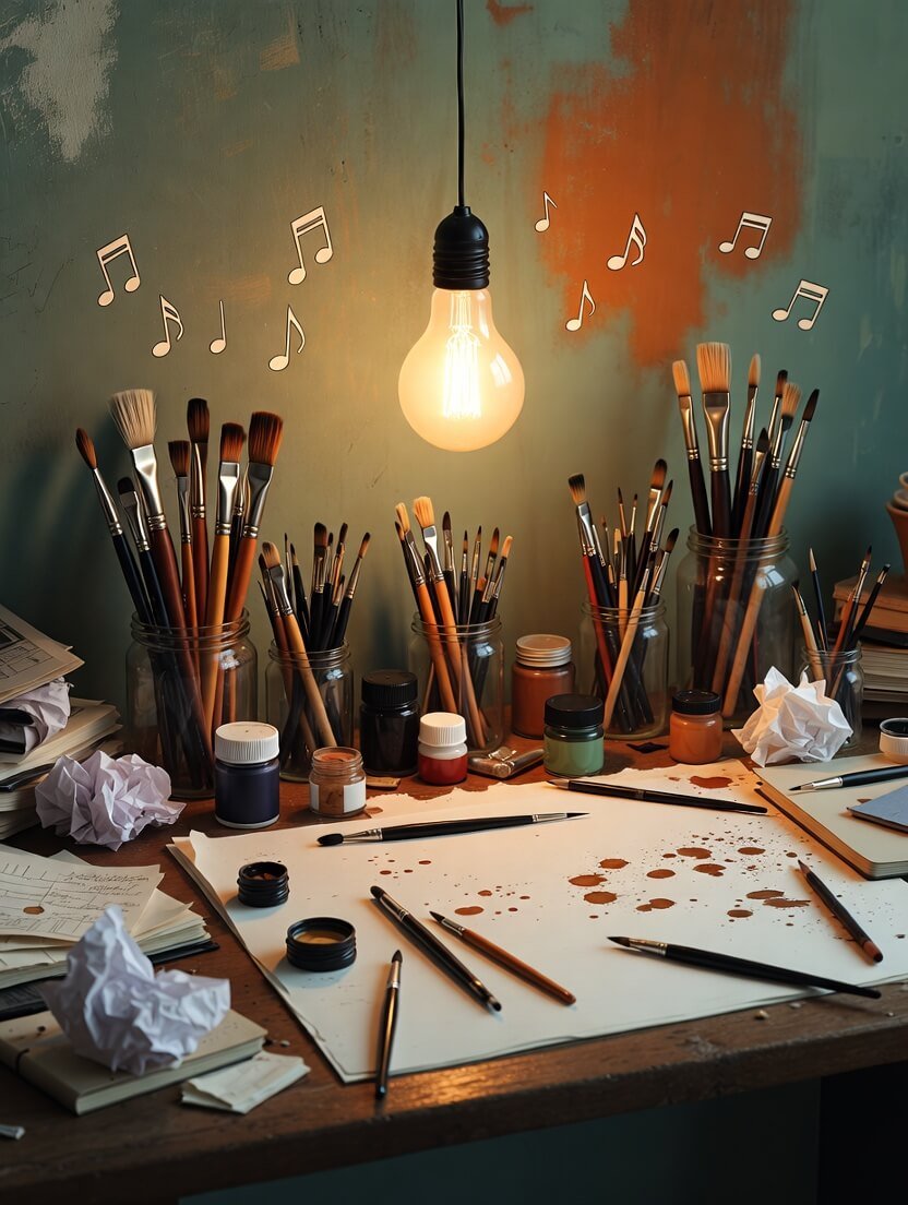 a half-finished canvas dripping paint onto a keyboard, floating musical notes made of watercolor bleeding into coffee rings, a half-finished canvas dripping paint onto a keyboard, floating musical notes made of watercolor bleeding into coffee rings,