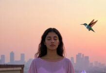 Why Yoga Can Be Your Shortcut to Inner Peace (Backed by Science) a frazzled-looking person in loose sweatpants doing a very imperfect lotus pose on a concrete rooftop at golden hour