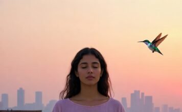 Why Yoga Can Be Your Shortcut to Inner Peace (Backed by Science) a frazzled-looking person in loose sweatpants doing a very imperfect lotus pose on a concrete rooftop at golden hour