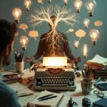 The Science Behind Creativity and Mindfulness a cluttered desk piled with coffee-stained notebooks and scattered pens, a person in a loose meditative pose