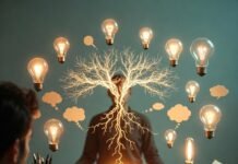 The Science Behind Creativity and Mindfulness a cluttered desk piled with coffee-stained notebooks and scattered pens, a person in a loose meditative pose