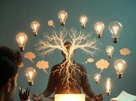 The Science Behind Creativity and Mindfulness a cluttered desk piled with coffee-stained notebooks and scattered pens, a person in a loose meditative pose