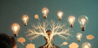 The Science Behind Creativity and Mindfulness a cluttered desk piled with coffee-stained notebooks and scattered pens, a person in a loose meditative pose