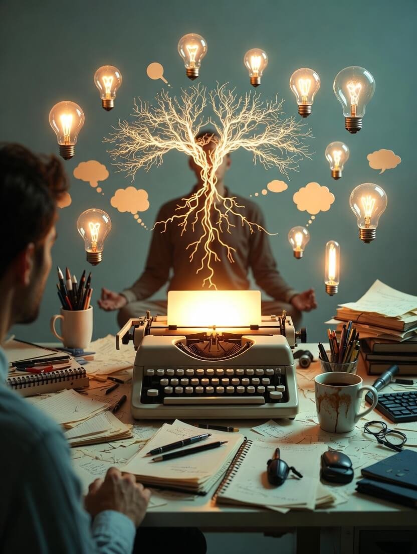 a cluttered desk piled with coffee-stained notebooks and scattered pens, a person in a loose meditative pose a cluttered desk piled with coffee-stained notebooks and scattered pens, a person in a loose meditative pose