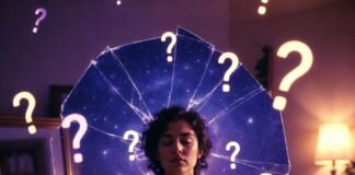 Soul‑Searching Techniques Used by Thought Leaders a slightly disheveled person in hoodie sitting cross-legged on a messy apartment floor surrounded by crumpled journal pages,