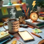 5 Mental Shortcuts That Boost Productivity Daily a half-empty coffee mug with scribbled lightning-bolt sticky notes stuck randomly to its side, an old-school alarm clock