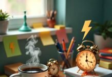 5 Mental Shortcuts That Boost Productivity Daily a half-empty coffee mug with scribbled lightning-bolt sticky notes stuck randomly to its side, an old-school alarm clock