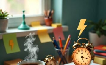 5 Mental Shortcuts That Boost Productivity Daily a half-empty coffee mug with scribbled lightning-bolt sticky notes stuck randomly to its side, an old-school alarm clock