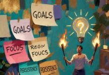 Mindset Hacks That Help You Achieve Your Goals Faster a slightly disheveled person in casual hoodie sitting at a messy kitchen table covered in half-finished to-do lists,