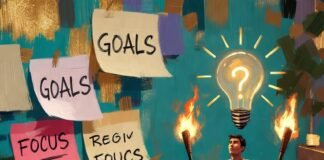 Mindset Hacks That Help You Achieve Your Goals Faster a slightly disheveled person in casual hoodie sitting at a messy kitchen table covered in half-finished to-do lists,