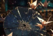 Creative Techniques for Crafting Your Life Vision a cracked antique mirror reflecting a chaotic but glowing galaxy, a vintage brass compass with its needle spinning wildly in four directions at once,