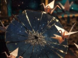 Creative Techniques for Crafting Your Life Vision a cracked antique mirror reflecting a chaotic but glowing galaxy, a vintage brass compass with its needle spinning wildly in four directions at once,