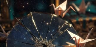 Creative Techniques for Crafting Your Life Vision a cracked antique mirror reflecting a chaotic but glowing galaxy, a vintage brass compass with its needle spinning wildly in four directions at once,