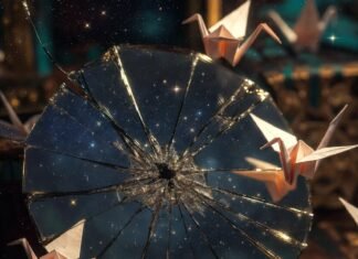 Creative Techniques for Crafting Your Life Vision a cracked antique mirror reflecting a chaotic but glowing galaxy, a vintage brass compass with its needle spinning wildly in four directions at once,