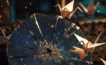 Creative Techniques for Crafting Your Life Vision a cracked antique mirror reflecting a chaotic but glowing galaxy, a vintage brass compass with its needle spinning wildly in four directions at once,