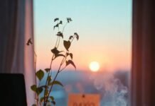 Daily Rituals That Support Your Vision Every Morning a slightly fogged-up pair of reading glasses resting on an open notebook filled with half-legible scribbled goals,