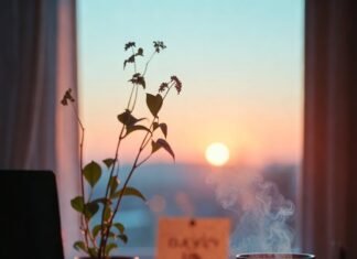 Daily Rituals That Support Your Vision Every Morning a slightly fogged-up pair of reading glasses resting on an open notebook filled with half-legible scribbled goals,