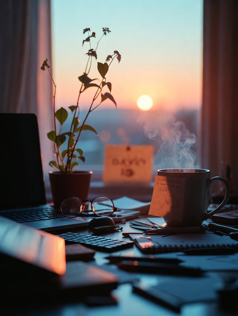 a slightly fogged-up pair of reading glasses resting on an open notebook filled with half-legible scribbled goals, a slightly fogged-up pair of reading glasses resting on an open notebook filled with half-legible scribbled goals,