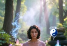 Yoga and Zen: A Combined Path to Inner Calm a person sitting in half-lotus pose on an actual raked Zen gravel garden while holding a smoldering stick of sandalwood incense,