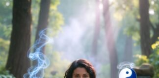 Yoga and Zen: A Combined Path to Inner Calm a person sitting in half-lotus pose on an actual raked Zen gravel garden while holding a smoldering stick of sandalwood incense,