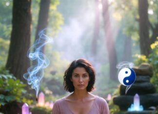 Yoga and Zen: A Combined Path to Inner Calm a person sitting in half-lotus pose on an actual raked Zen gravel garden while holding a smoldering stick of sandalwood incense,