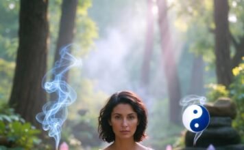 Yoga and Zen: A Combined Path to Inner Calm a person sitting in half-lotus pose on an actual raked Zen gravel garden while holding a smoldering stick of sandalwood incense,