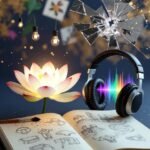 How Meditation Can Unlock Your Creative Genius a glowing lotus flower blooming directly out of a cracked vintage typewriter, oversized noise-canceling headphones hovering above