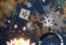 How Meditation Can Unlock Your Creative Genius a glowing lotus flower blooming directly out of a cracked vintage typewriter, oversized noise-canceling headphones hovering above