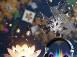 How Meditation Can Unlock Your Creative Genius a glowing lotus flower blooming directly out of a cracked vintage typewriter, oversized noise-canceling headphones hovering above