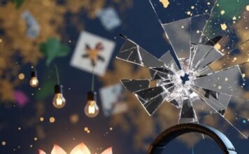 How Meditation Can Unlock Your Creative Genius a glowing lotus flower blooming directly out of a cracked vintage typewriter, oversized noise-canceling headphones hovering above